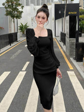 Square Neck Lantern Sleeves Column Dress S / Black